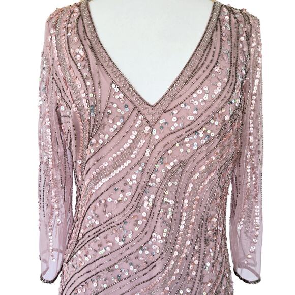 Adrianna Papell Beaded Tulle Maxi Dress 14 Dusted Petal Pink Formal Gown 3/4 Slv - Picture 9 of 13